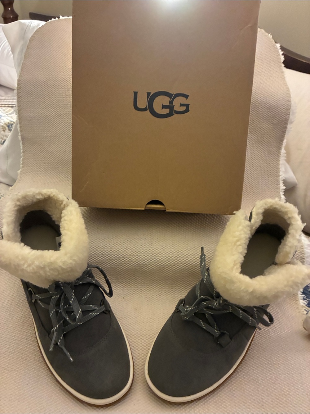 UGG Gray Lakesider Heritage Suede Shearling-Trim Lace-Up Boots